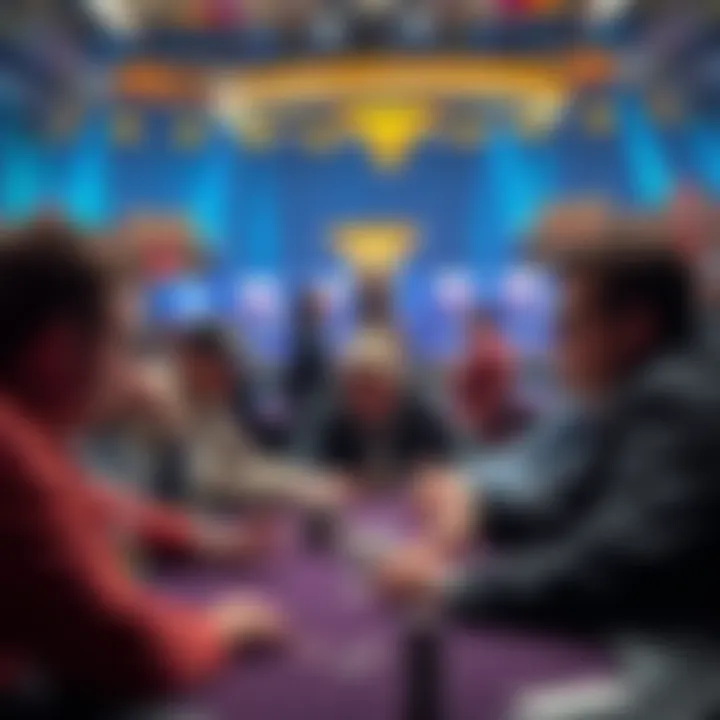 A group of poker players at a WSOP tournament table, looking tense and focused while discussing decisions, with a dealer in the background