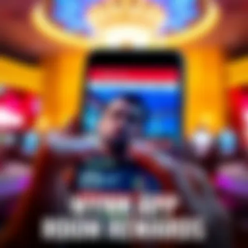 A smartphone displaying the Wynn App with room rewards and a frustrated player looking on.