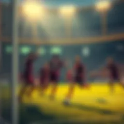 Xeno Soccer Match A lively scene from a Xeno Soccer match showing players in action on the field, celebrating a goal with fans cheering in the background.