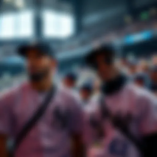 Bryce and Munetaka dressed stylishly at the Yankees game, with fans in the background.