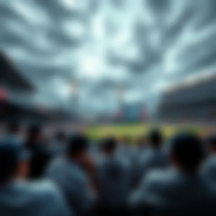 New York Yankees fans anxiously waiting at the stadium under cloudy skies during a rain delay