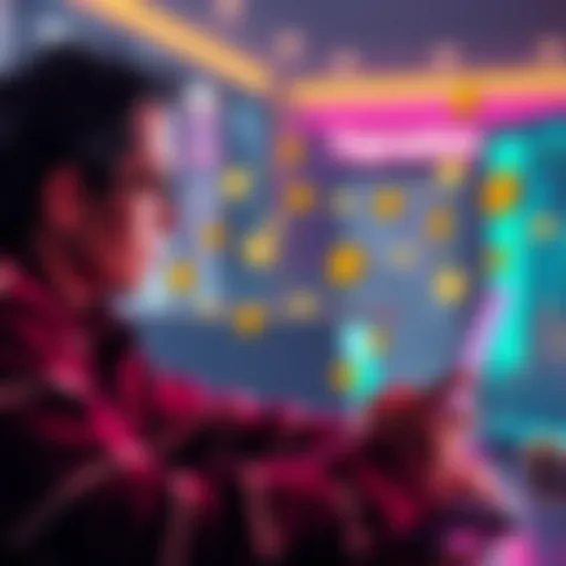 A person looking at a laptop, contemplating account options for yaycasino.com and yaycasino.us, with cryptocurrency symbols around them.