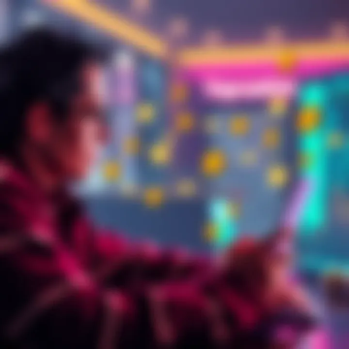 A person looking at a laptop, contemplating account options for yaycasino.com and yaycasino.us, with cryptocurrency symbols around them.