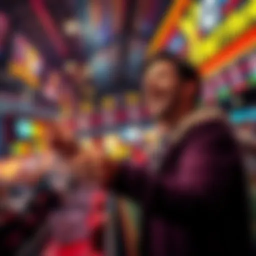 A person joyfully placing a bet at a vibrant betting venue, representing the YOLO betting strategy.