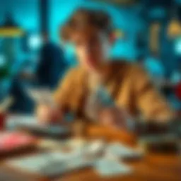 A young adult looks distressed while calculating bills at a table, symbolizing financial struggles due to gambling. Help flyers are scattered around.