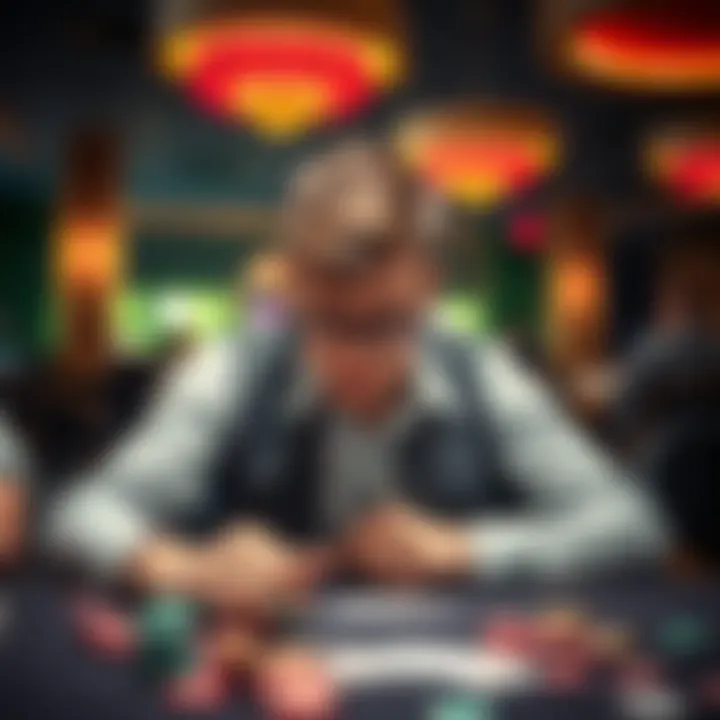 A young man looks stressed while seated at a casino table, surrounded by chips and cards, showing signs of emotional turmoil after significant losses.