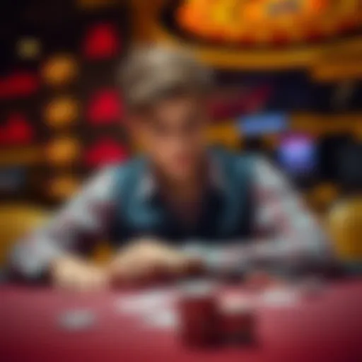 Young gambler at a casino A young man with a worried expression sitting at a casino table, surrounded by chips and cards, reflecting on his gambling loss.
