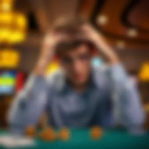 An 18-year-old man looks worried and stressed while holding his head in a casino setting, reflecting on his financial loss from gambling.