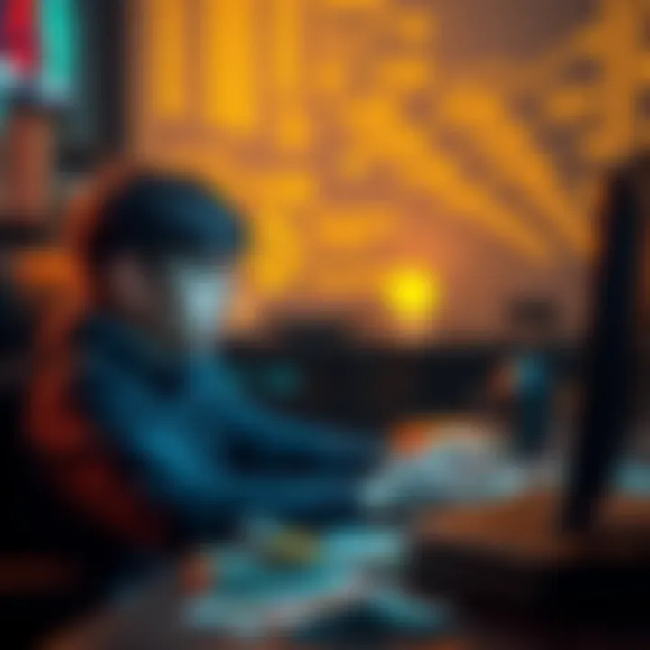 A young man sits at a computer with a worried expression, reflecting on losses from online gambling, surrounded by bills and a sinking feeling of despair