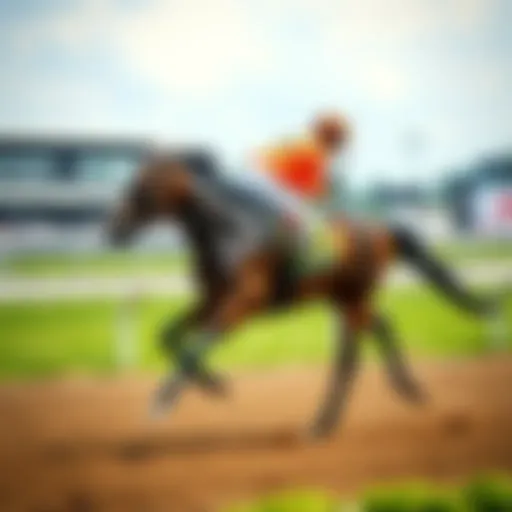 A young horse galloping on a race track with a jockey on its back