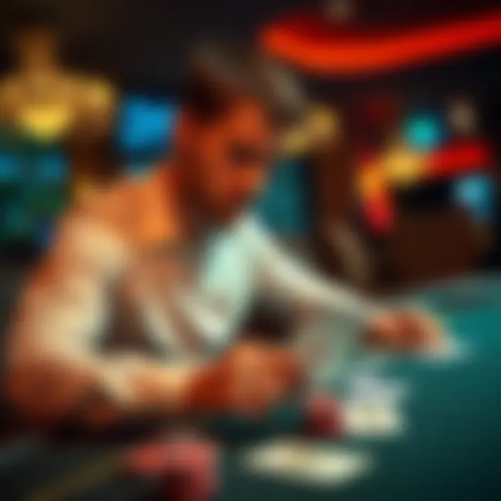 A young man looks focused while studying Blackjack rules with cards and chips on a table before his first casino game