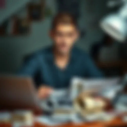 A 23-year-old man sits at a desk covered with bills and a laptop, looking stressed and worried about his financial situation.