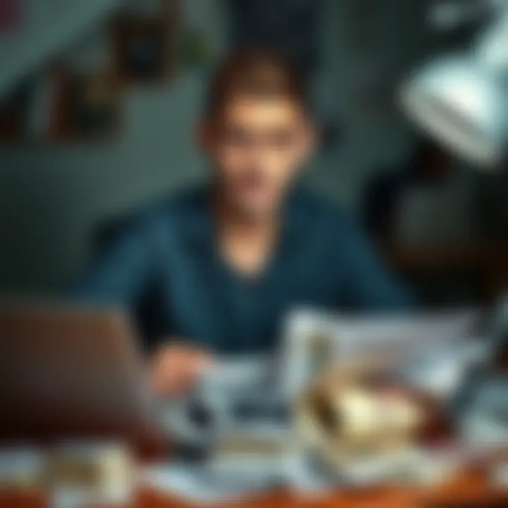 A 23-year-old man sits at a desk covered with bills and a laptop, looking stressed and worried about his financial situation.