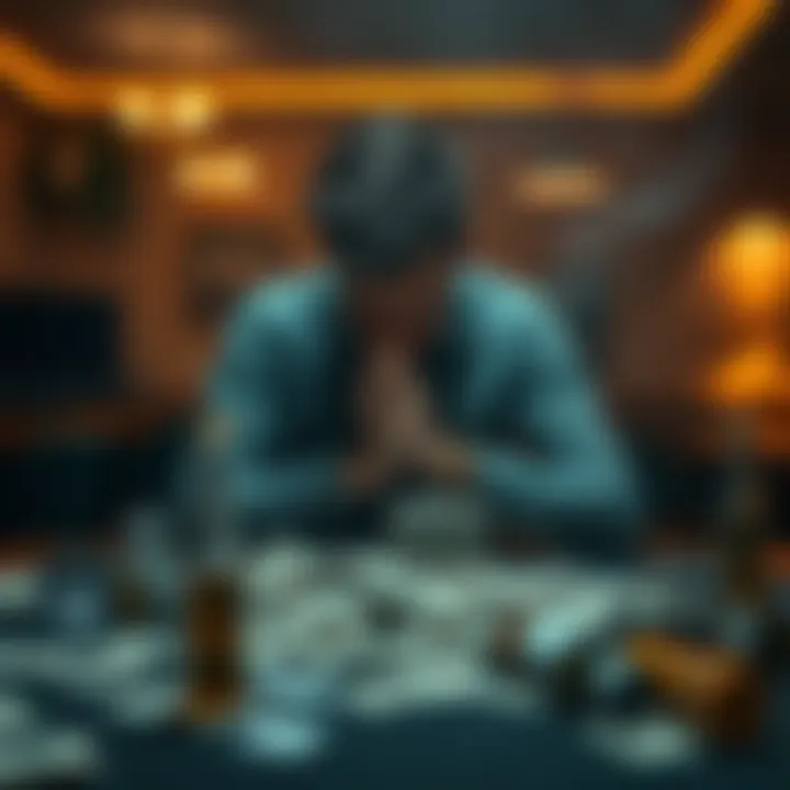 A young man sits alone at a table, head in hands, surrounded by bills and empty bottles, showing signs of distress