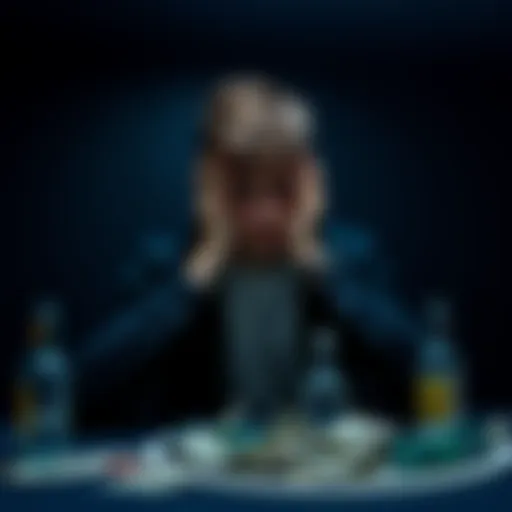 A 22-year-old man sits alone in a dimly lit room, looking worried and overwhelmed. He has his head in his hands, surrounded by bills and empty bottles, symbolizing his struggle with gambling addiction.