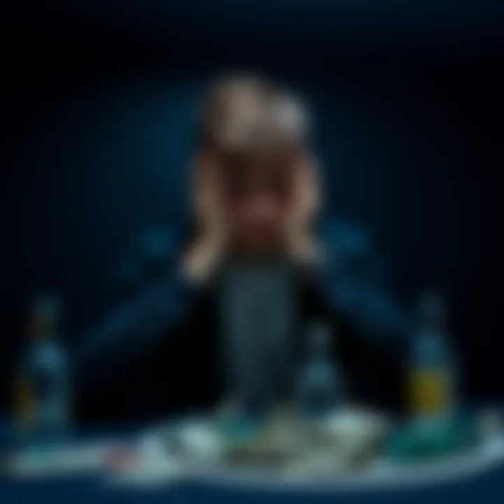 A 22-year-old man sits alone in a dimly lit room, looking worried and overwhelmed. He has his head in his hands, surrounded by bills and empty bottles, symbolizing his struggle with gambling addiction.