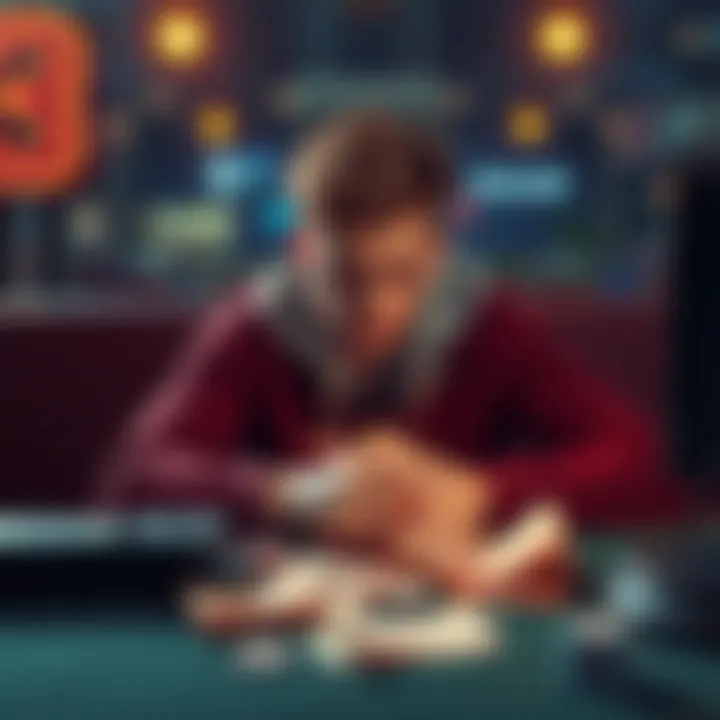 Young man feeling distressed after gambling loss A 22-year-old man sits alone at a table, looking upset and reflecting on his $6,000 gambling loss, surrounded by betting slips and a gaming console.