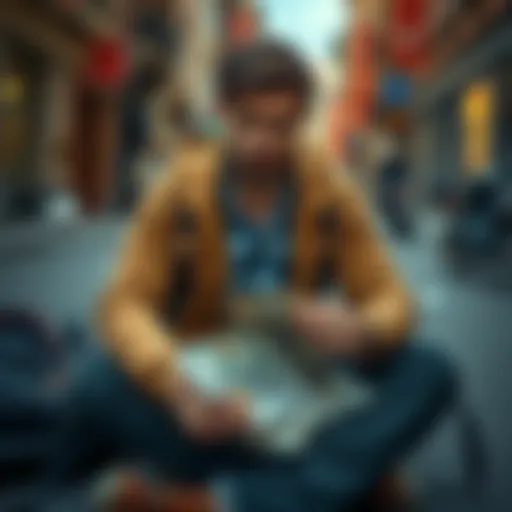 A 27-year-old man looking distressed, sitting on a street with a backpack, surrounded by bills and papers, symbolizing financial loss and debt, reflecting on his past wealth in crypto.