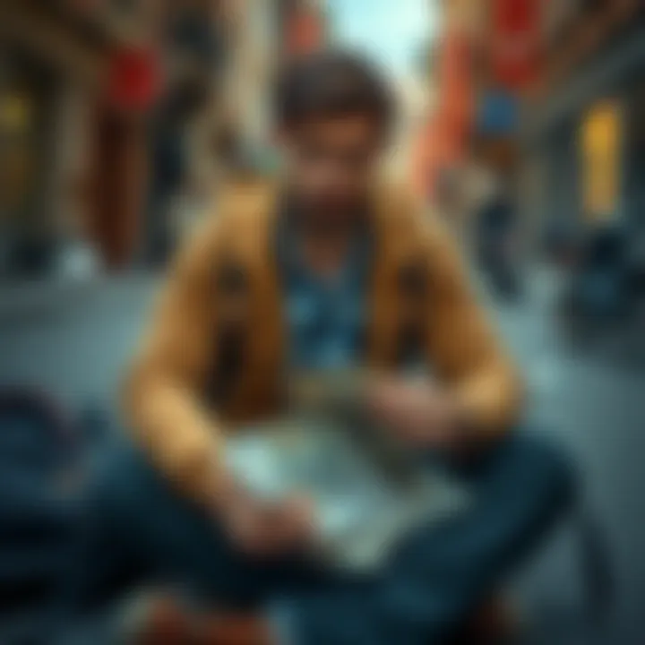 A 27-year-old man looking distressed, sitting on a street with a backpack, surrounded by bills and papers, symbolizing financial loss and debt, reflecting on his past wealth in crypto.