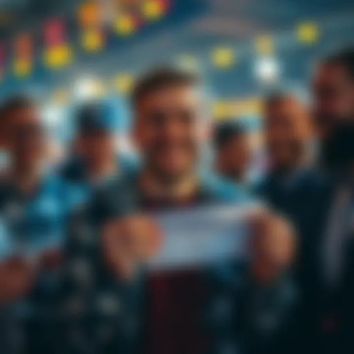 A 19-year-old man smiles while holding a betting slip, surrounded by friends at a lively gathering.