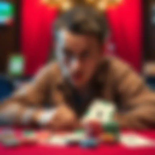 A 22-year-old Australian man looking concerned while sitting at a table, surrounded by gambling chips and cards, showing his struggle with addiction