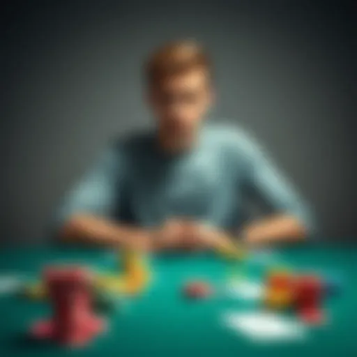 A young man sitting alone at a table, looking distressed with empty poker chips and a card deck scattered around him, symbolizing his battle with gambling addiction.