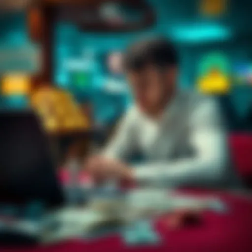 A 21-year-old man sits at a table surrounded by bills and a laptop, contemplating his struggle with gambling addiction.