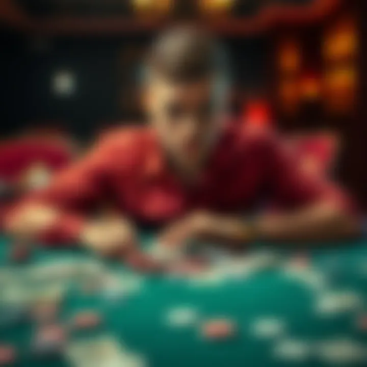 A 23-year-old man sits alone at a table with gambling chips and bills scattered around, looking stressed and worried.