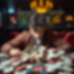 A distressed young man sitting at a table surrounded by bills and empty gambling chips, looking overwhelmed and lost.