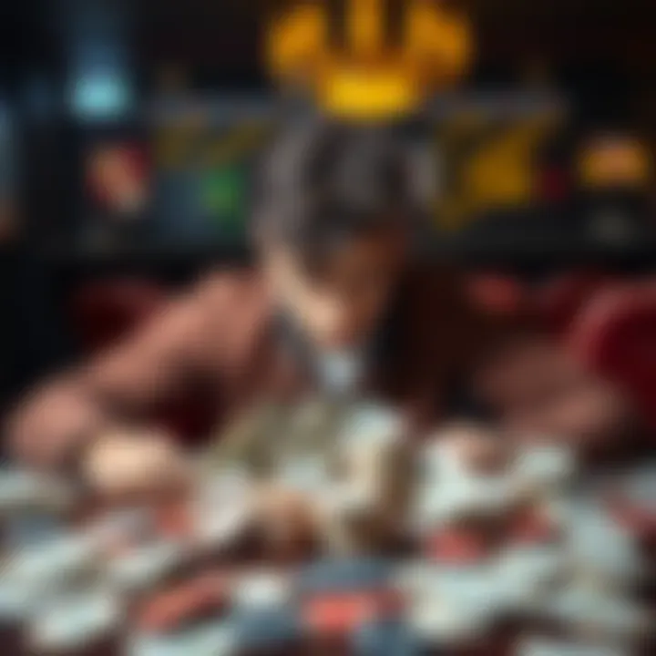 A distressed young man sitting at a table surrounded by bills and empty gambling chips, looking overwhelmed and lost.