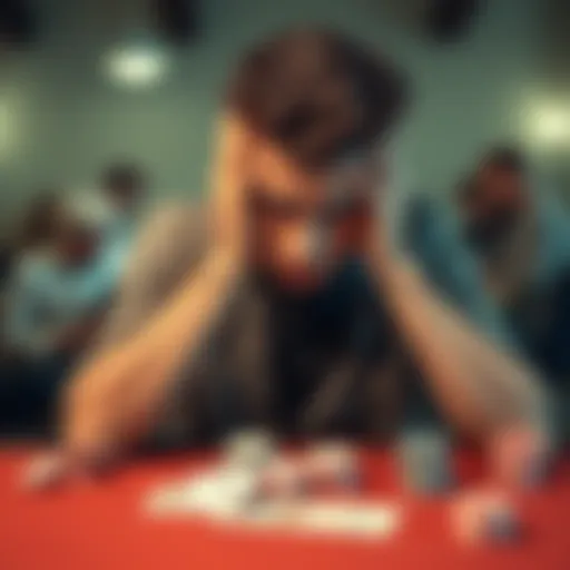 A young man appears shocked and worried while standing at a casino table, surrounded by chips and cards, illustrating his recent gambling loss of 20,000 dollars.