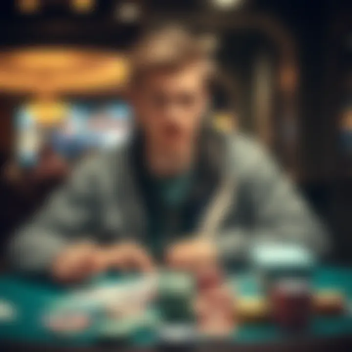 A 21-year-old man with a worried expression sitting at a table covered in gambling chips and cards, reflecting his loss of 20,000 dollars.
