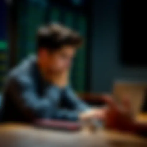 A young man sits thoughtfully at a table, looking at a laptop showing sports betting odds. His expression is a mix of sadness and determination, symbolizing his journey after losing money from betting.