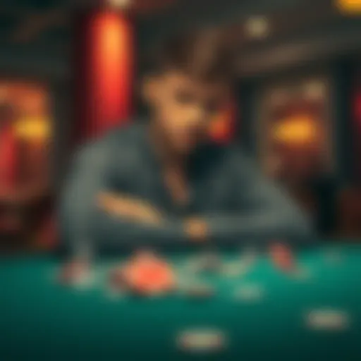 A young man sits alone at a table, looking worried and deep in thought, with empty gambling chips scattered around.