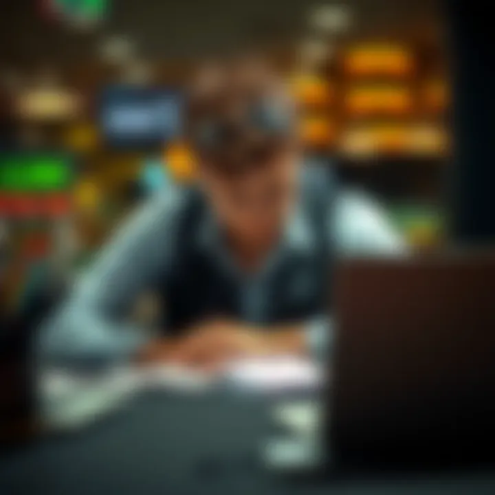 A 22-year-old man looks distressed while sitting at a table with betting slips and a laptop, symbolizing his struggles with gambling addiction.