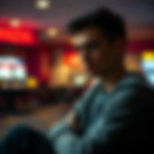 A 28-year-old man sits alone, looking thoughtful and concerned, symbolizing his fight against gambling addiction and his journey toward recovery.