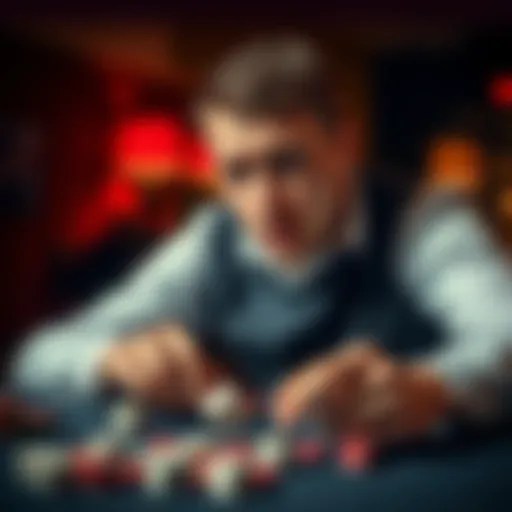A 28-year-old man sits at a table, looking anxious while playing with dice, symbolizing his struggle with gambling addiction.