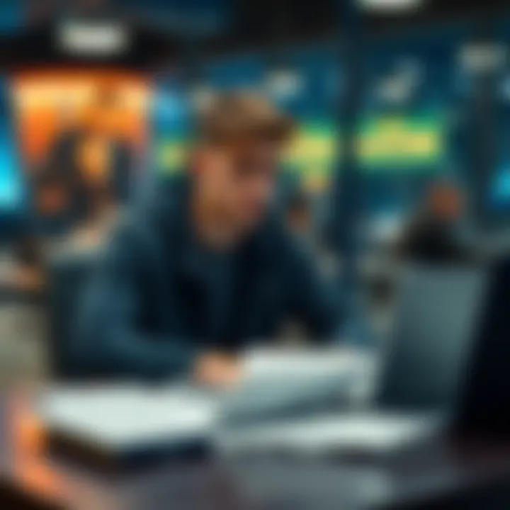 Young man reflecting on gambling struggles A young man looking pensive while sitting at a table with sports betting papers and a laptop, illustrating his fight with gambling addiction.