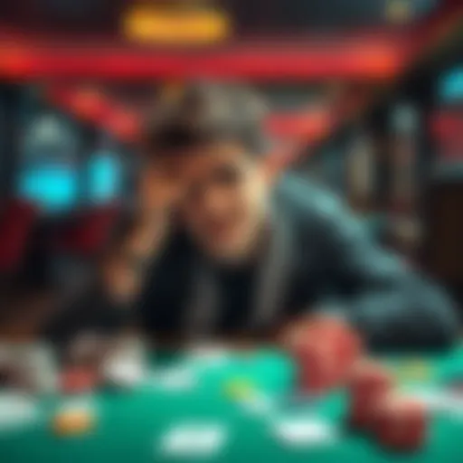 A young man sitting at a table with his head in his hands, looking distressed over gambling losses, with scattered playing cards and chips around him.