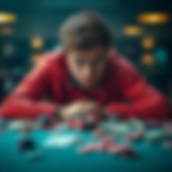 A 25-year-old man sitting at a table, looking stressed and worried, with gambling chips and bills scattered around him, symbolizing his struggles with gambling addiction and debt.