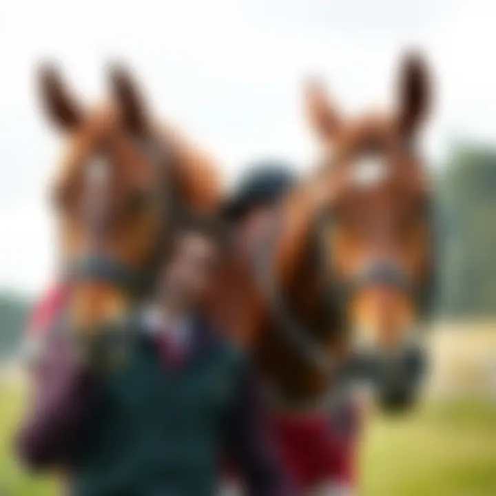 A 19-year-old man in riding clothes stands next to a beautiful horse, looking determined to become a jockey.