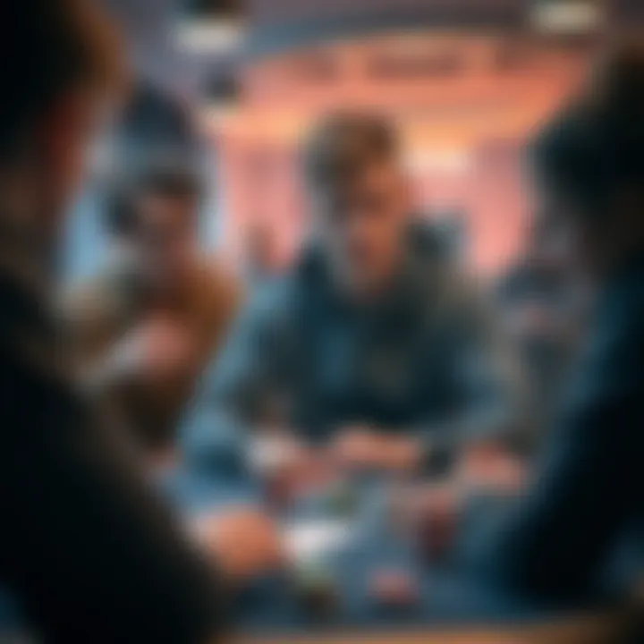 A high school student playing poker with friends at a table, looking focused and nervous.