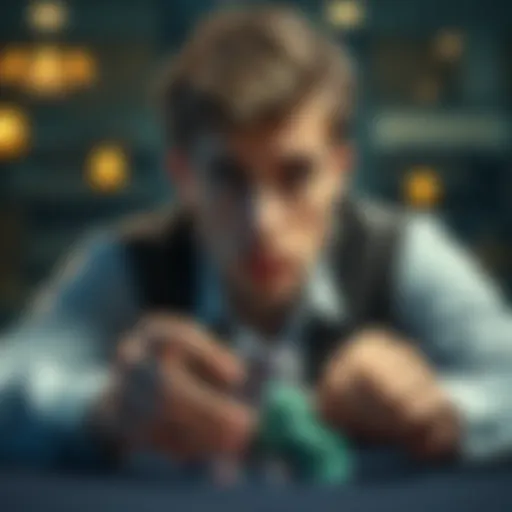A young man appears stressed while holding poker chips, sitting at a table with a mix of emotions on his face, reflecting on his gambling experiences.