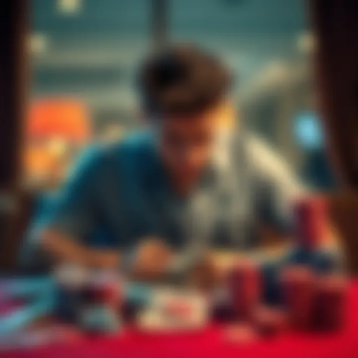 A young man sitting alone at a table, looking stressed and deep in thought, surrounded by gambling chips and bills, symbolizing the struggles of gambling addiction