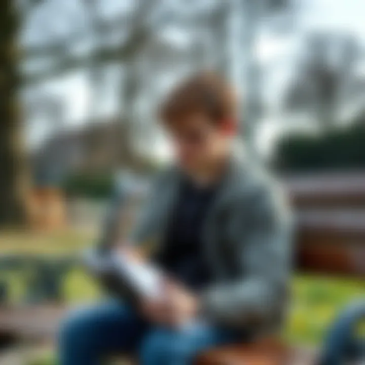 A 20-year-old man sits on a park bench, looking contemplative and sad, with a notebook and pencil in hand, symbolizing his financial struggles and desire to move forward.