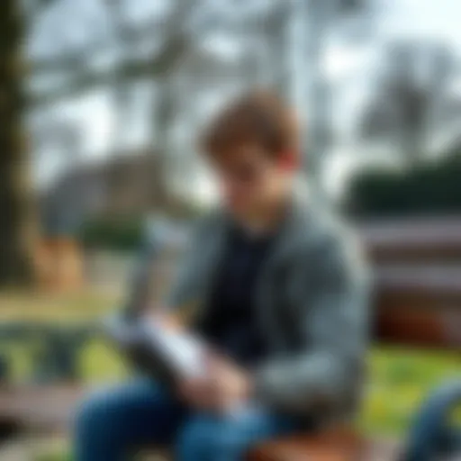 Young man reflecting on setbacks A 20-year-old man sits on a park bench, looking contemplative and sad, with a notebook and pencil in hand, symbolizing his financial struggles and desire to move forward.