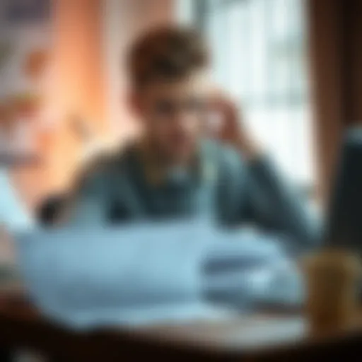 A 22-year-old man looking distressed while sitting at a desk with a laptop and paperwork about options trading, expressing a need for help from others.
