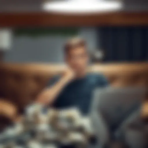 A 27-year-old man sits on a couch, surrounded by bills and a laptop, looking worried and overwhelmed by his gambling debts.