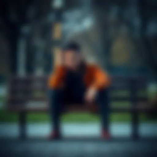 A young man with a distressed expression sits alone on a bench, holding his head in his hands, reflecting on his financial loss and emotional stress.
