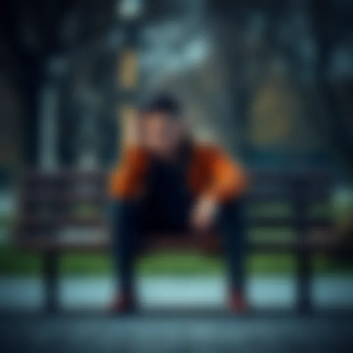 A young man with a distressed expression sits alone on a bench, holding his head in his hands, reflecting on his financial loss and emotional stress.